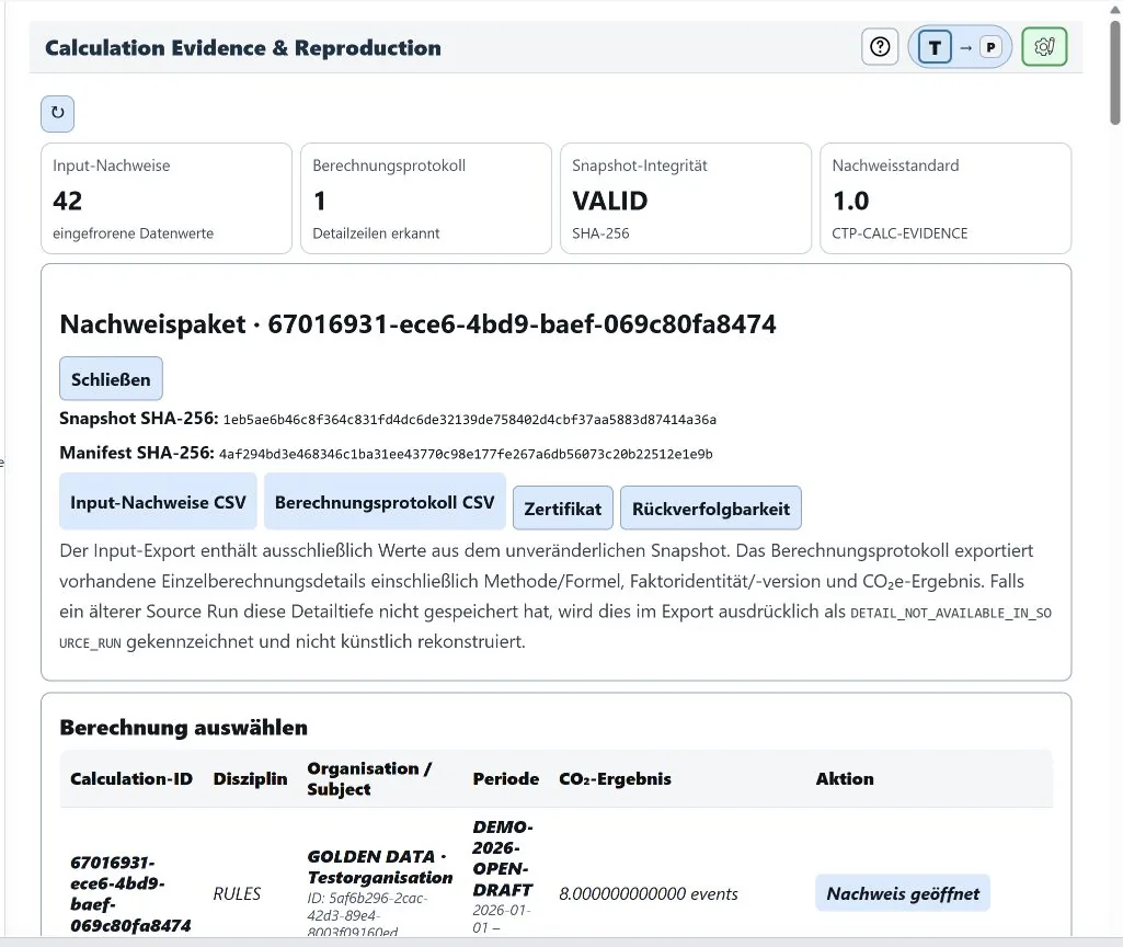 Berechnungsnachweis mit Snapshot-Integrität und Exporten